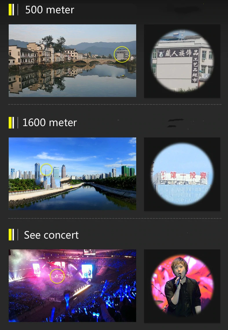 Three scenes with distance views: a town at 500m, a city at 1600m, and a concert stage.