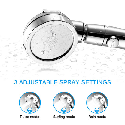 Chrome shower head with water droplets and three settings: pulse, surfing, and rain mode.