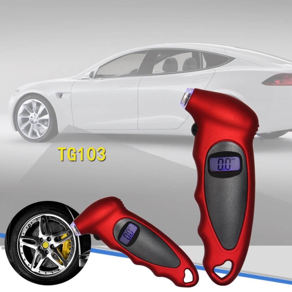 Red digital tire pressure gauge with LCD, beside a white car and wheel, labeled "TG103".