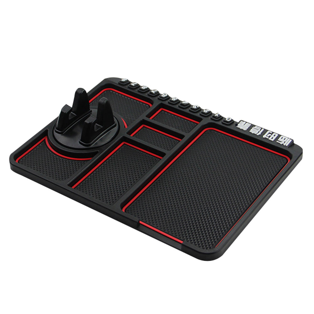 Black organizer tray with red accents, grid texture, and two vertical phone slots on the left.