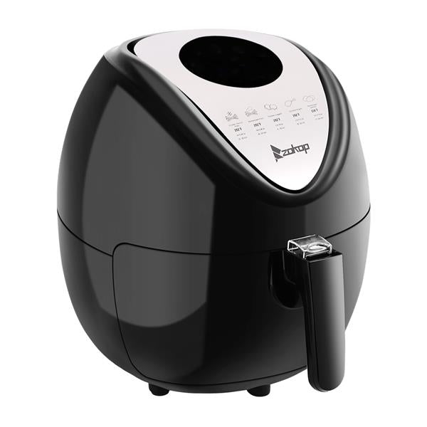 Black, oval air fryer with a silver top panel and various settings, featuring a front handle.