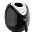 Black, oval air fryer with a silver top panel and various settings, featuring a front handle.