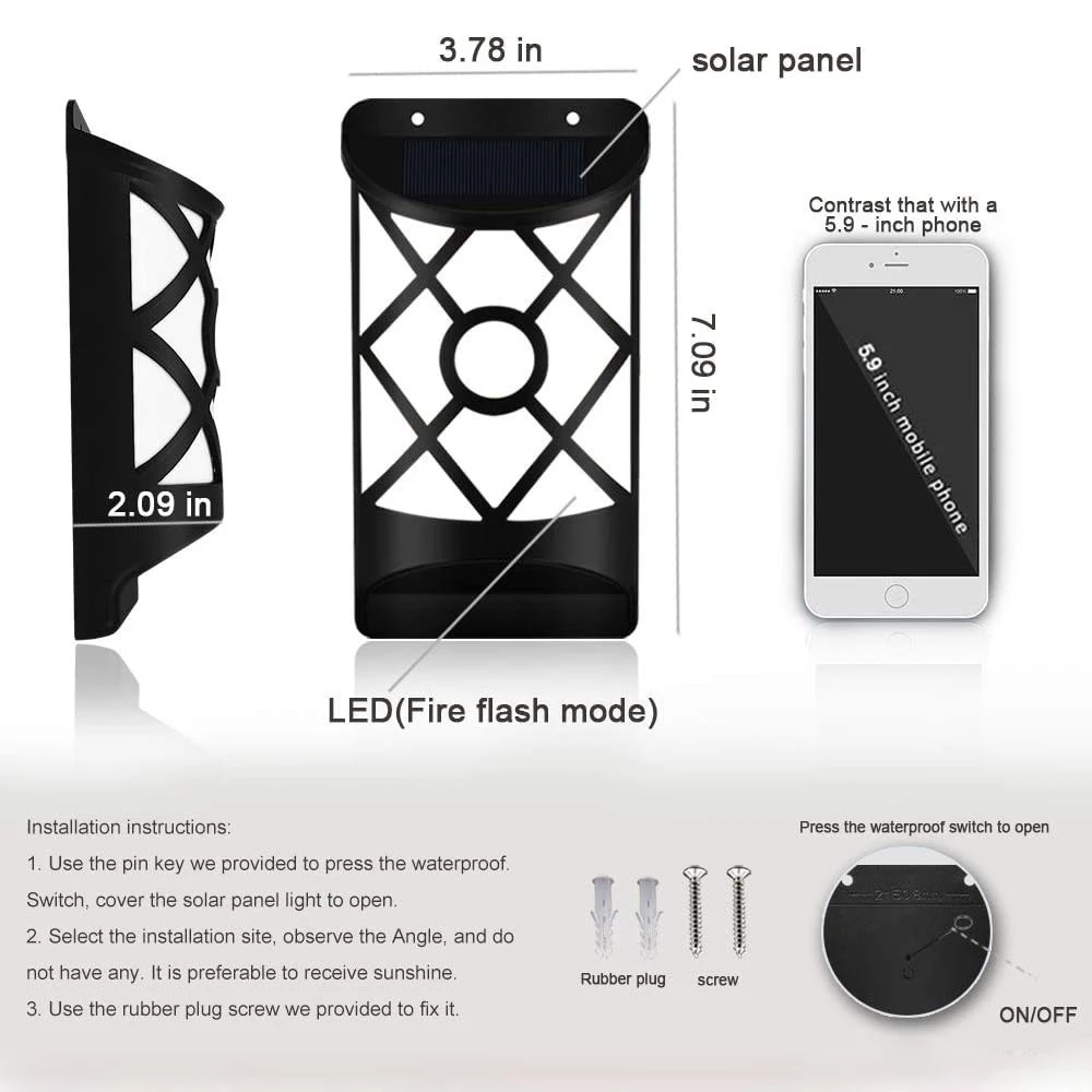 Black solar wall light with lattice design, LED fire flash mode, and dimensions labeled.