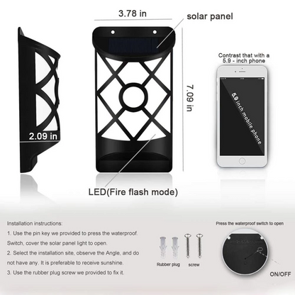 Black solar wall light with lattice design, LED fire flash mode, and dimensions labeled.