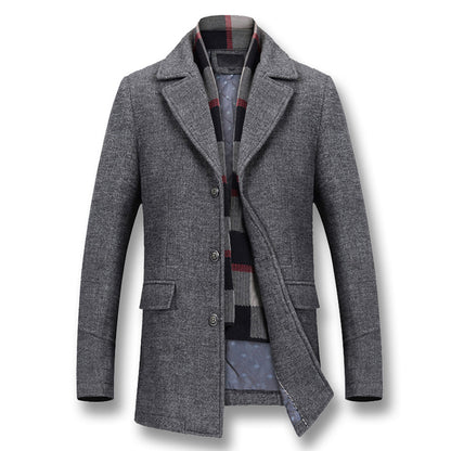 Gray wool coat with notched lapels, button closure, checkered scarf, and two front pockets.