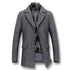 Gray wool coat with notched lapels, button closure, checkered scarf, and two front pockets.