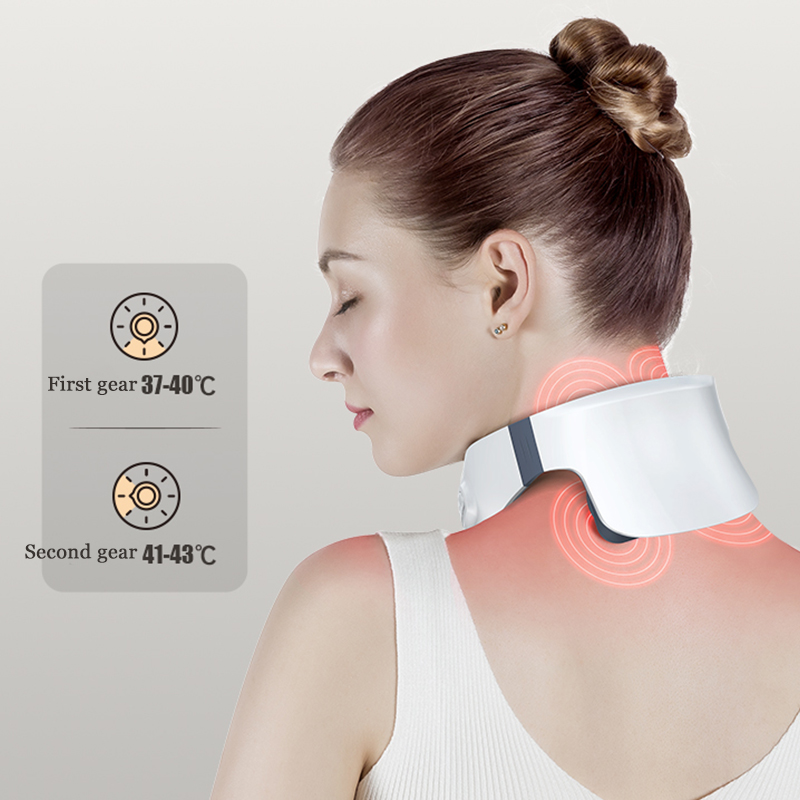 Woman with a white neck massager; glowing red nodes indicate heat therapy levels.
