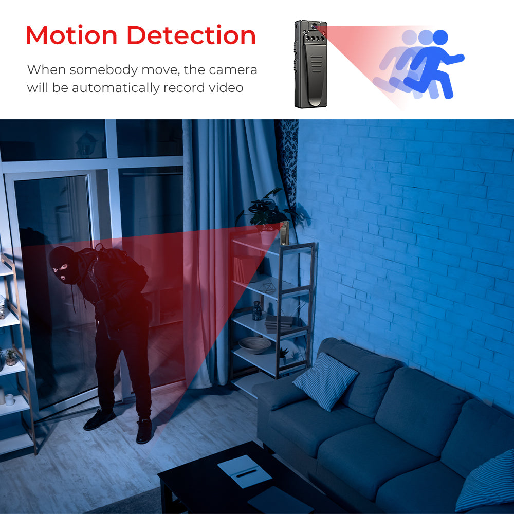 A masked intruder detected by motion sensor camera in dimly lit living room with red alert beam.