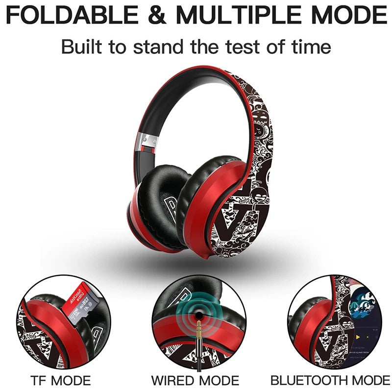Red and black foldable headphones with white patterned design, showing TF, wired, and Bluetooth modes.