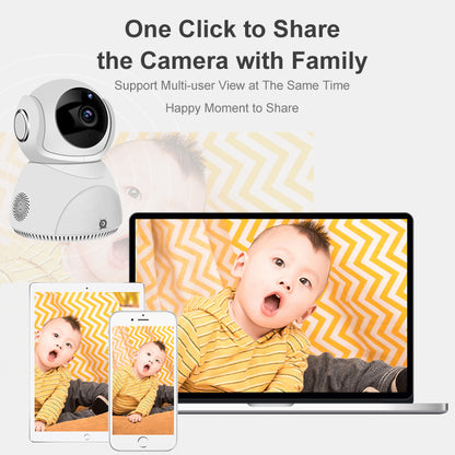 A webcam next to a laptop, tablet, and phone displaying a baby in yellow against a zigzag backdrop.