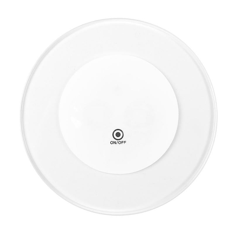 White circular disc with an "ON/OFF" button at the center, on a plain white background.