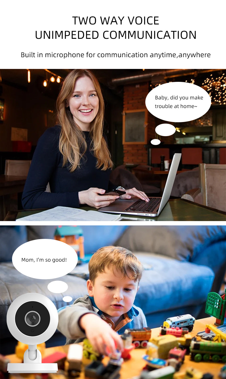 Woman with laptop and phone communicates with child playing with toy trains via a camera.