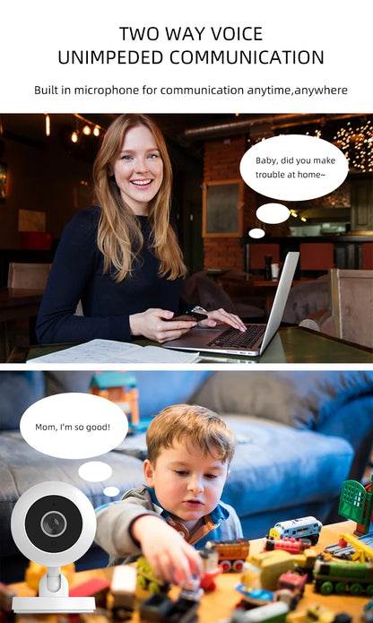 Woman with laptop and phone communicates with child playing with toy trains via a camera.
