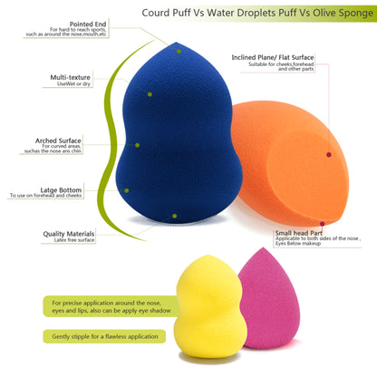 Three colorful makeup sponges: blue pear-shaped, orange teardrop, and yellow-pink water drop.