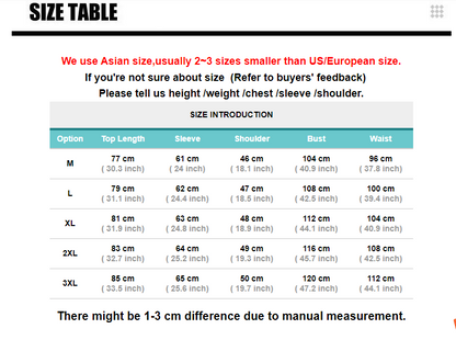 Size table comparing Asian and US/European sizes, listing measurements for M to 3XL.