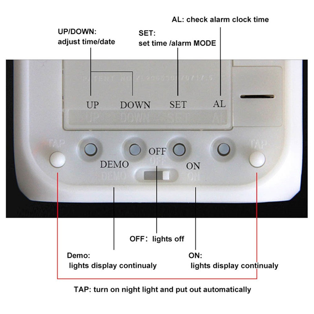 White control panel with buttons labeled UP, DOWN, SET, AL, DEMO, OFF, ON, and TAP descriptions.