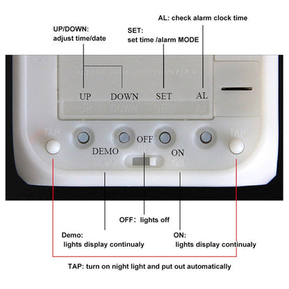 White control panel with buttons labeled UP, DOWN, SET, AL, DEMO, OFF, ON, and TAP descriptions.