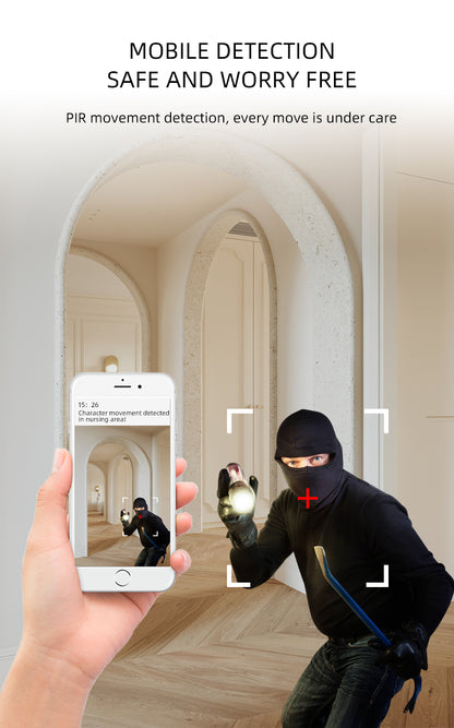 Person in black outfit holding a flashlight and crowbar, detected by phone in an arched hallway.