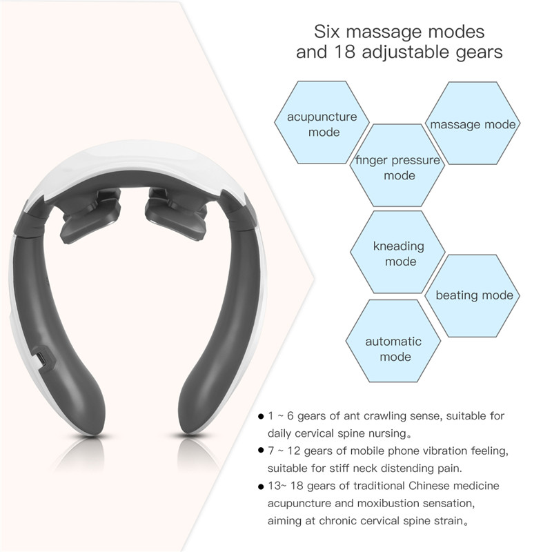 A neck massager with adjustable black arms, featuring six blue hexagon icons for massage modes.