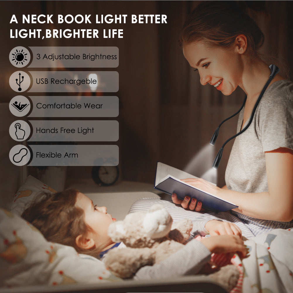 Woman using a neck book light reads to a child in bed; features listed alongside.