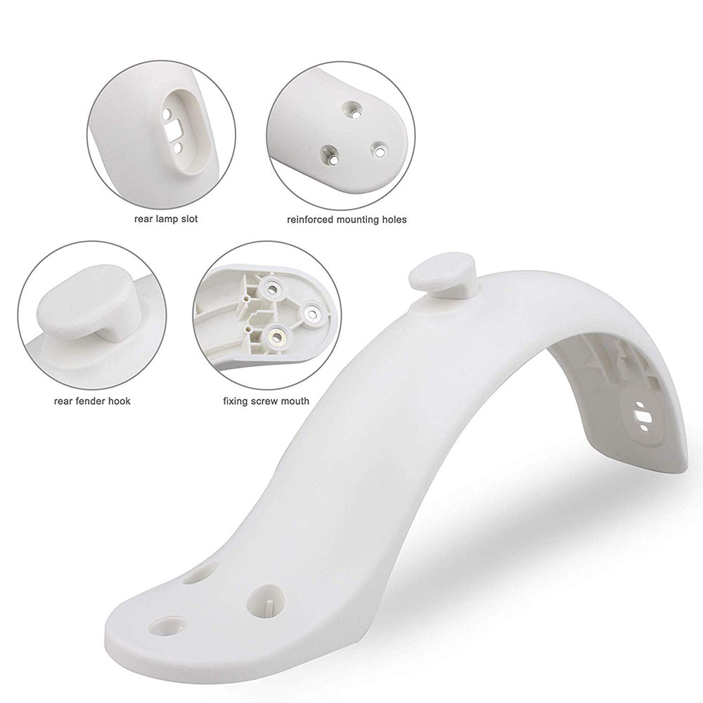 White plastic bike fender with lamp slot, mounting holes, fender hook, and screw mouth; detailed views.