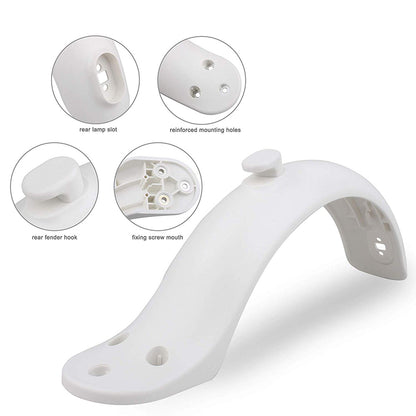 White plastic bike fender with lamp slot, mounting holes, fender hook, and screw mouth; detailed views.