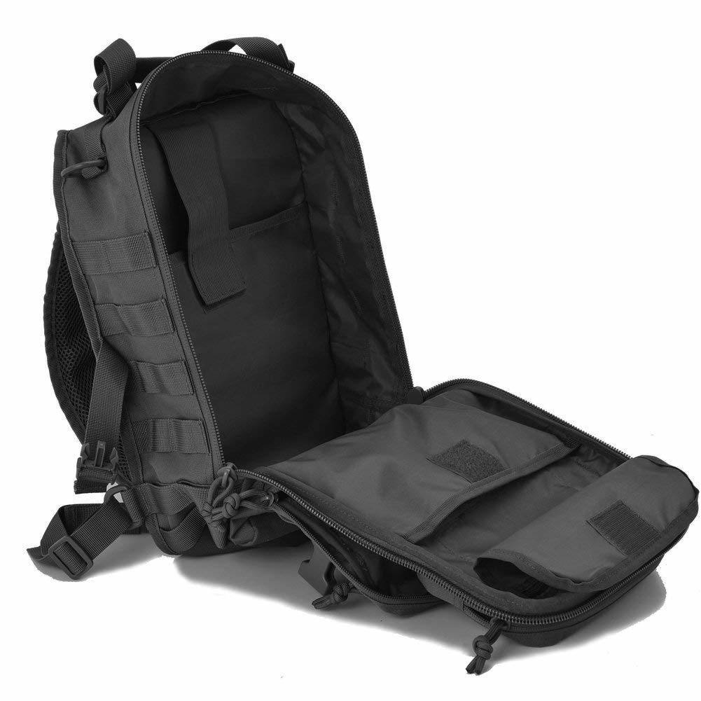 Open black backpack with multiple compartments and straps, displaying its interior and zippers.