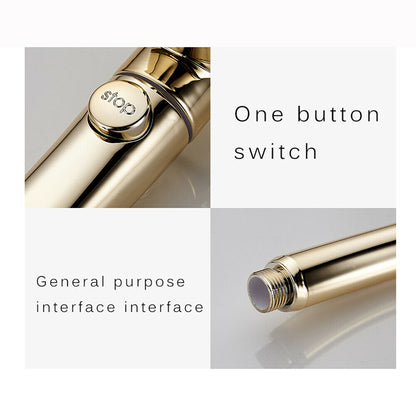 Gold metallic device with a "stop" button and threaded end, labeled "One button switch."