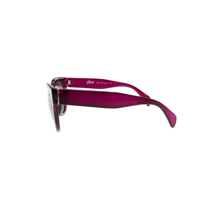 Purple sunglasses with thick frames and tinted lenses shown in side profile.