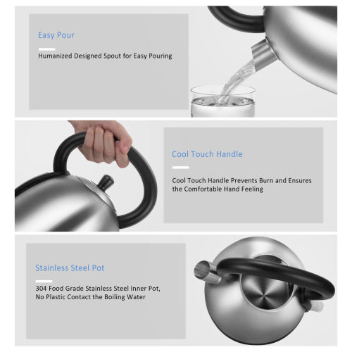 Silver kettle with a black cool-touch handle pouring water, showcasing stainless steel features.