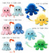 Reversible octopus plushies showing color and expression changes: pink, blue, yellow, and green.