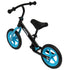 Black balance bike with bright blue wheels and a black seat on a white background.