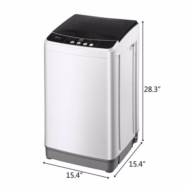 Compact white washing machine with black lid, control panel, and dimensions 28.3" H x 15.4" W.