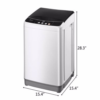 Compact white washing machine with black lid, control panel, and dimensions 28.3" H x 15.4" W.