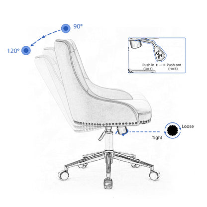 Office chair illustration showing adjustable recline angles at 90° and 120°, with a knob for tension.