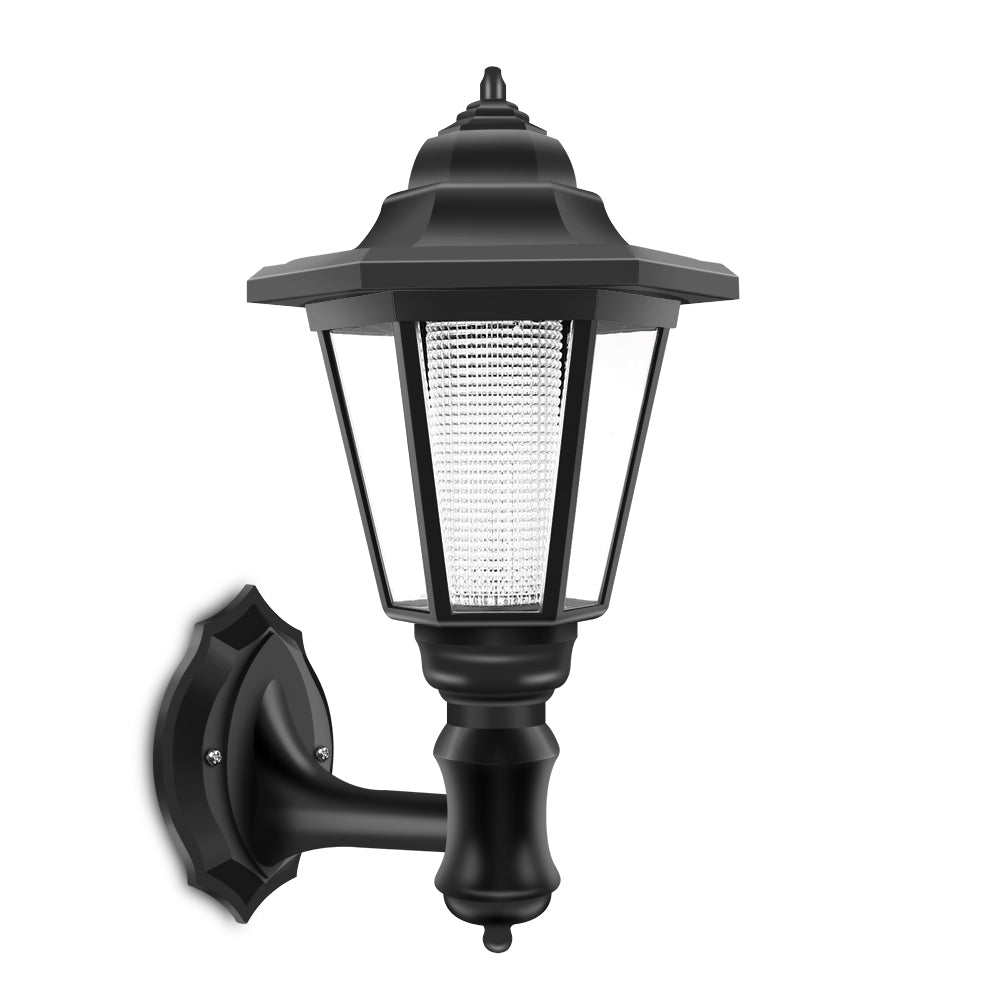 Classic black wall-mounted lantern with clear glass panels and a peaked top.
