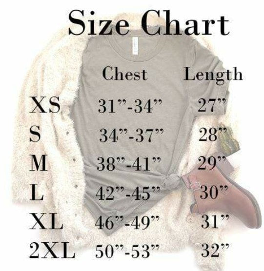 Size chart with various measurements over a gray T-shirt, beige sweater, and brown boots.