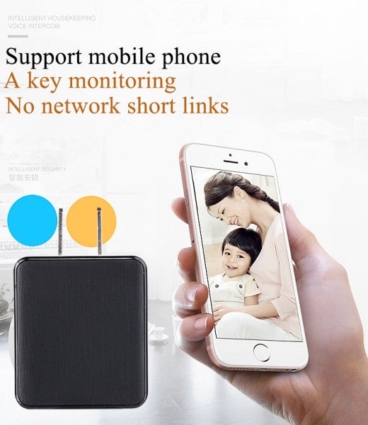 Smart device with two antennas beside a hand holding a phone showing a woman and child.