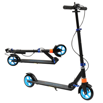 Black scooter with blue wheels, orange suspension, and handlebars; shown folded and unfolded.