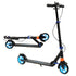 Black scooter with blue wheels, orange suspension, and handlebars; shown folded and unfolded.