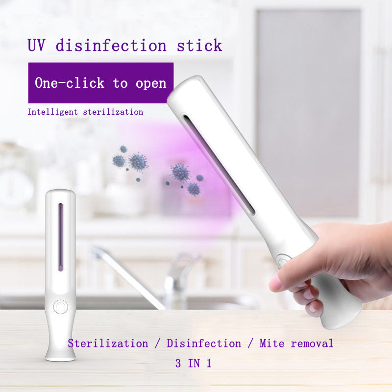 Hand holding a white UV disinfection stick emitting purple light, with text on sterilization uses.
