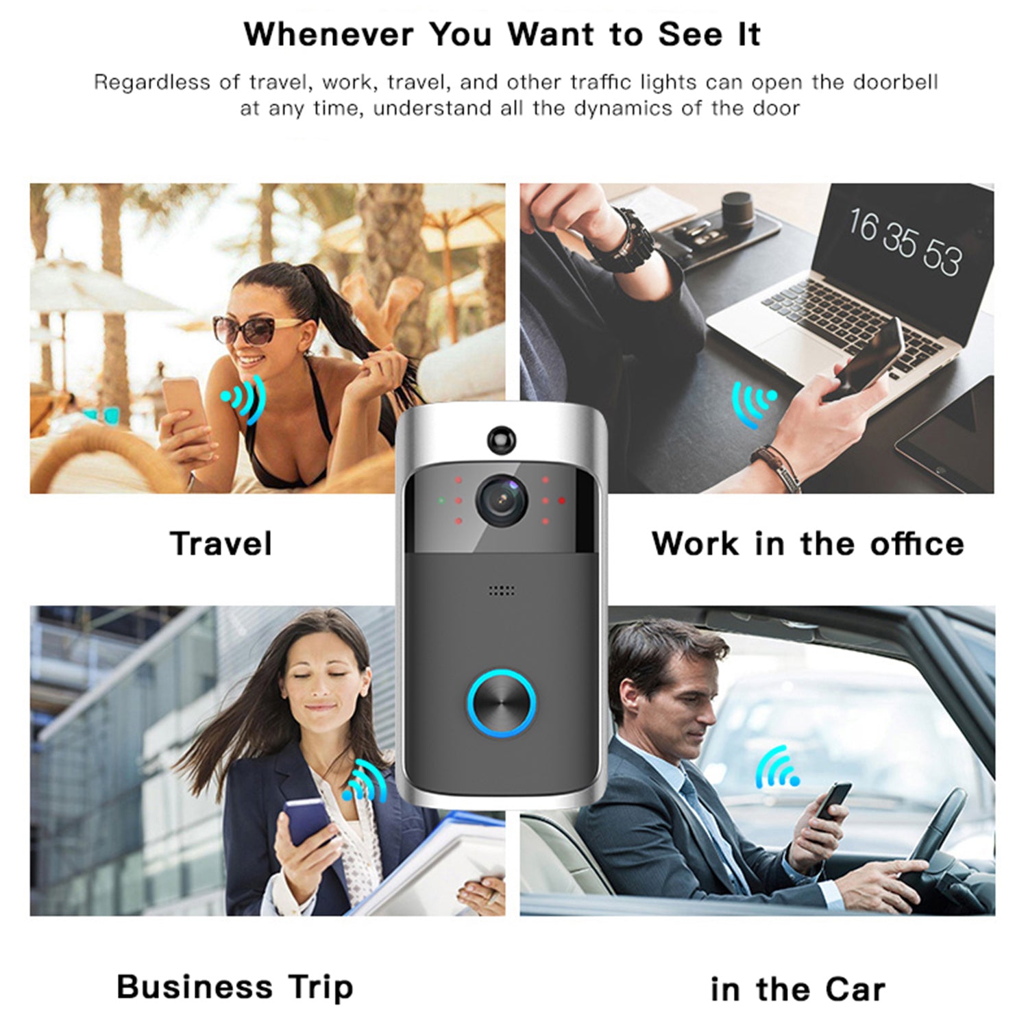 Smart doorbell ads show various people using smartphones in travel, office, business, and car settings.