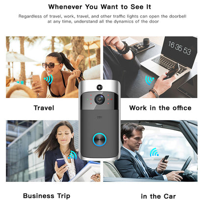 Smart doorbell ads show various people using smartphones in travel, office, business, and car settings.