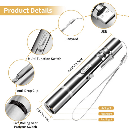 Silver multifunction pen with USB, lanyard, anti-drop clip, various light modes, and switches.