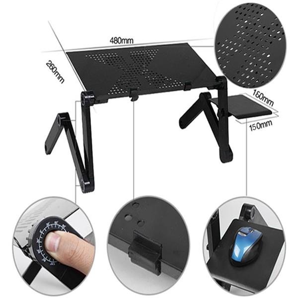 Black adjustable laptop stand with perforated surface, side mouse pad, and angle adjustment knobs.