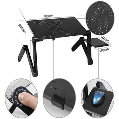 Black adjustable laptop stand with perforated surface, side mouse pad, and angle adjustment knobs.