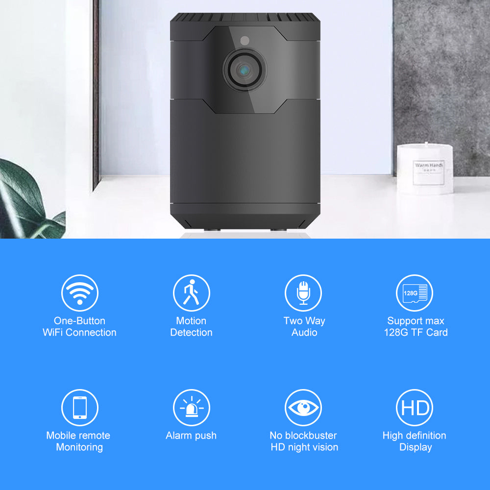 Black smart camera with lens on a white surface; blue icons below indicate features.