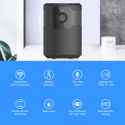 Black smart camera with lens on a white surface; blue icons below indicate features.