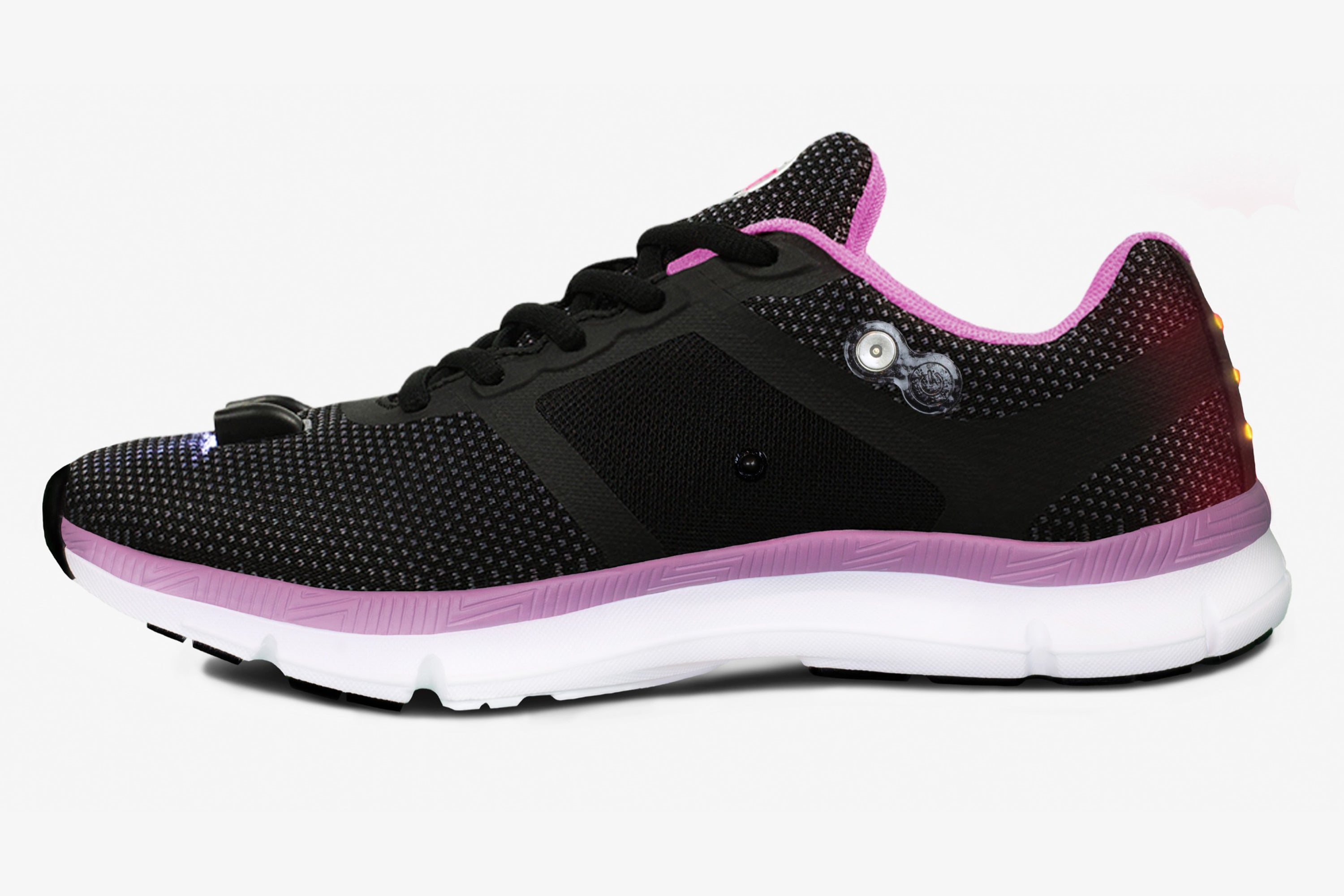 Black sneaker with pink accents, white sole, and mesh texture, featuring small side lights.