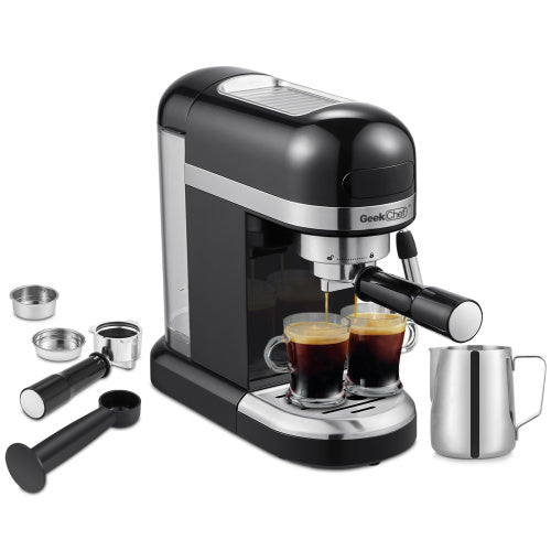 Sleek black espresso machine with two cups, milk frother, and accessories on a white background.
